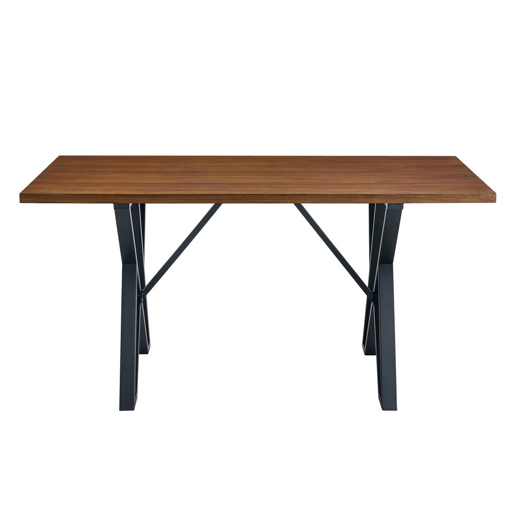 Benjara Dining Table, 59 Inch Rectangular Wood Top, Black Metal Trestle Base