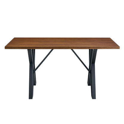 Benjara Dining Table, 59 Inch Rectangular Wood Top, Black Metal Trestle Base
