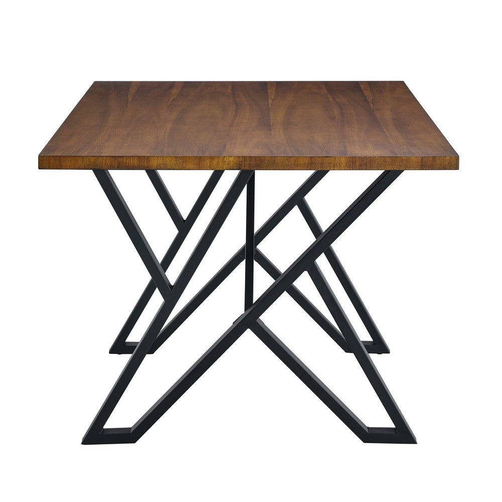 Benjara Dining Table, 59 Inch Rectangular Wood Top, Black Metal Trestle Base