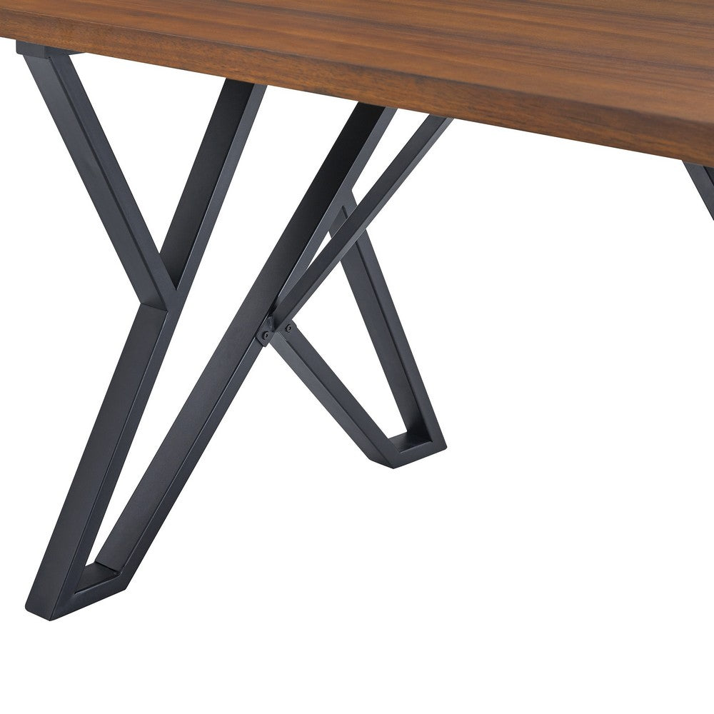 Benjara Dining Table, 59 Inch Rectangular Wood Top, Black Metal Trestle Base