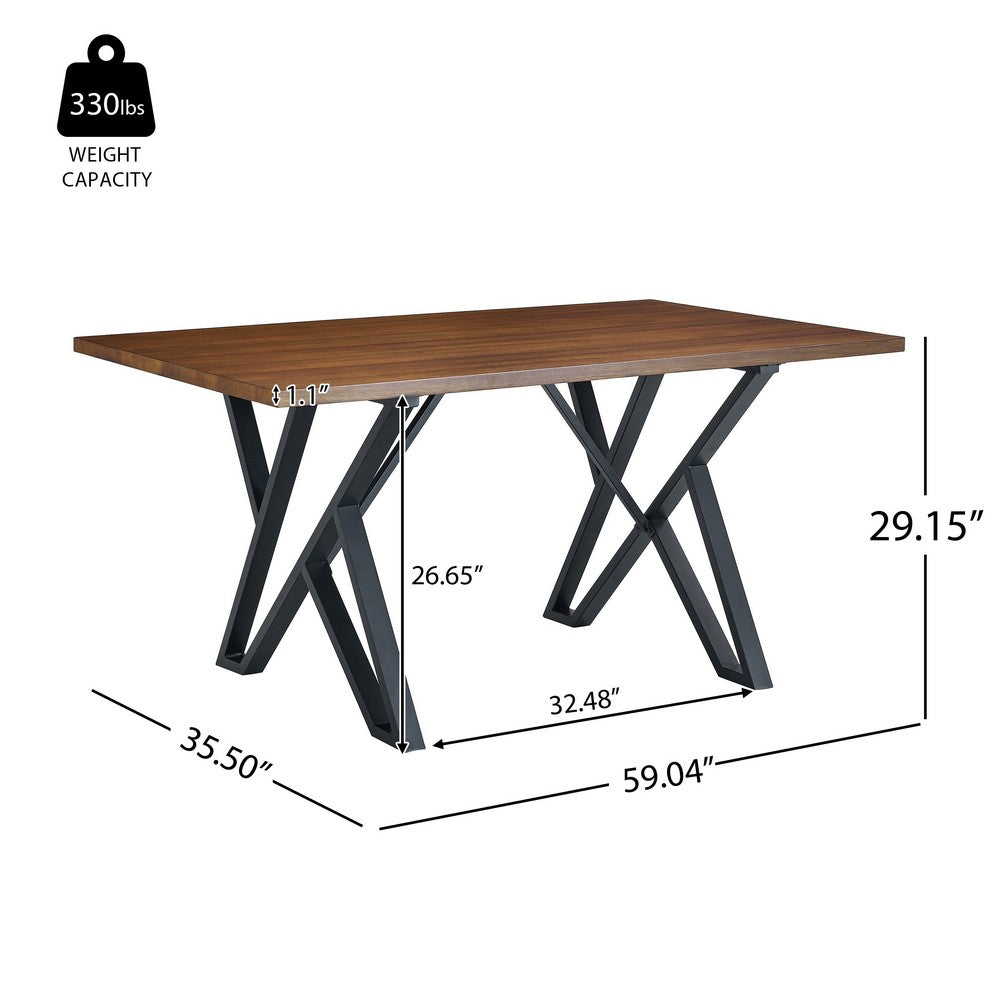 Benjara Dining Table, 59 Inch Rectangular Wood Top, Black Metal Trestle Base