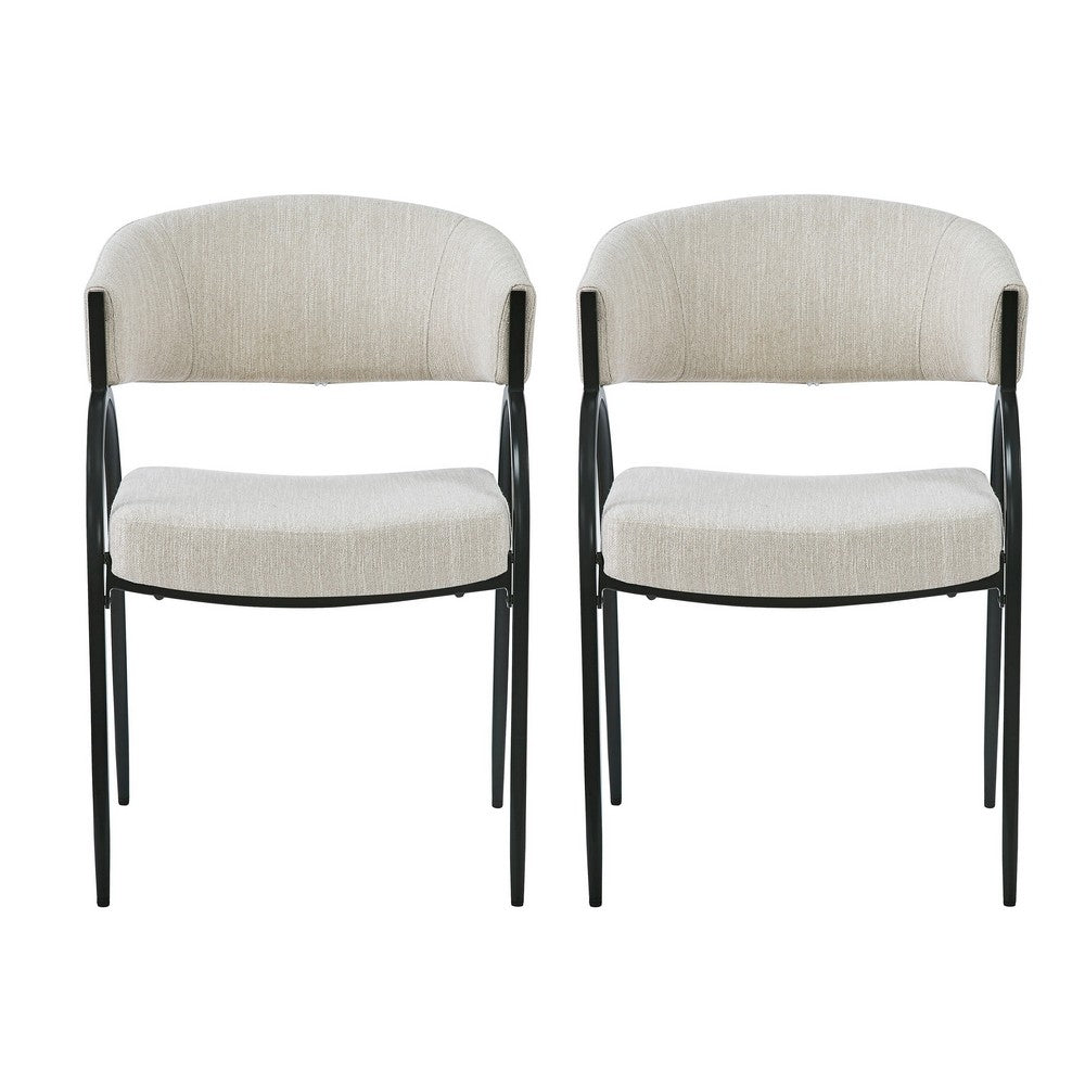Benjara Dining Chair Set of 2, Beige Fabric Cushions, Arched Black Metal Legs