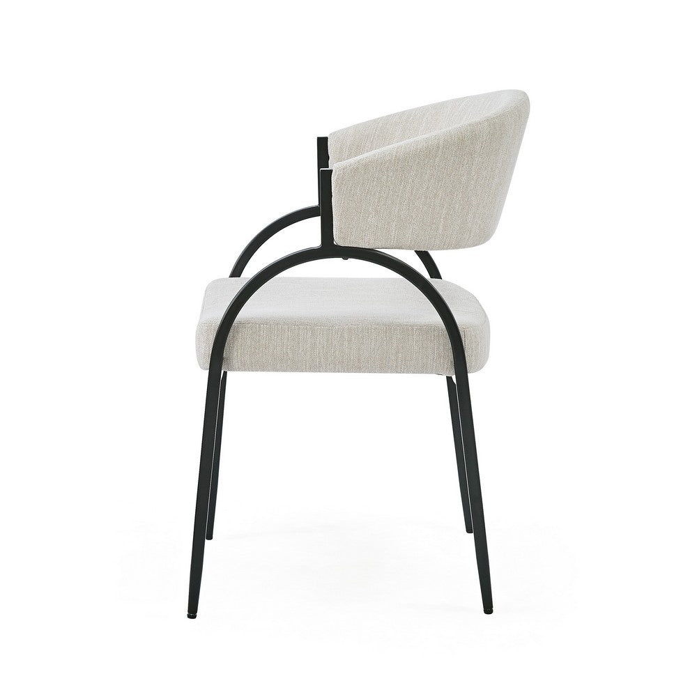Benjara Dining Chair Set of 2, Beige Fabric Cushions, Arched Black Metal Legs