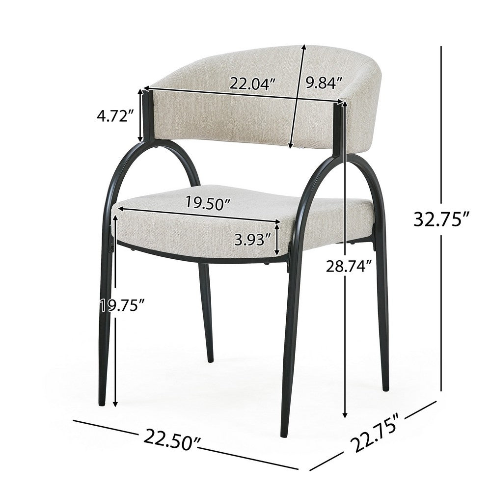 Benjara Dining Chair Set of 2, Beige Fabric Cushions, Arched Black Metal Legs