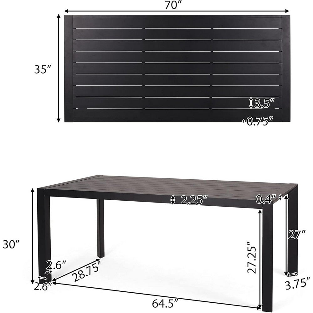 Benjara Outdoor Dining Table, Slatted Rectangular Top, Black Aluminum 70 Inch
