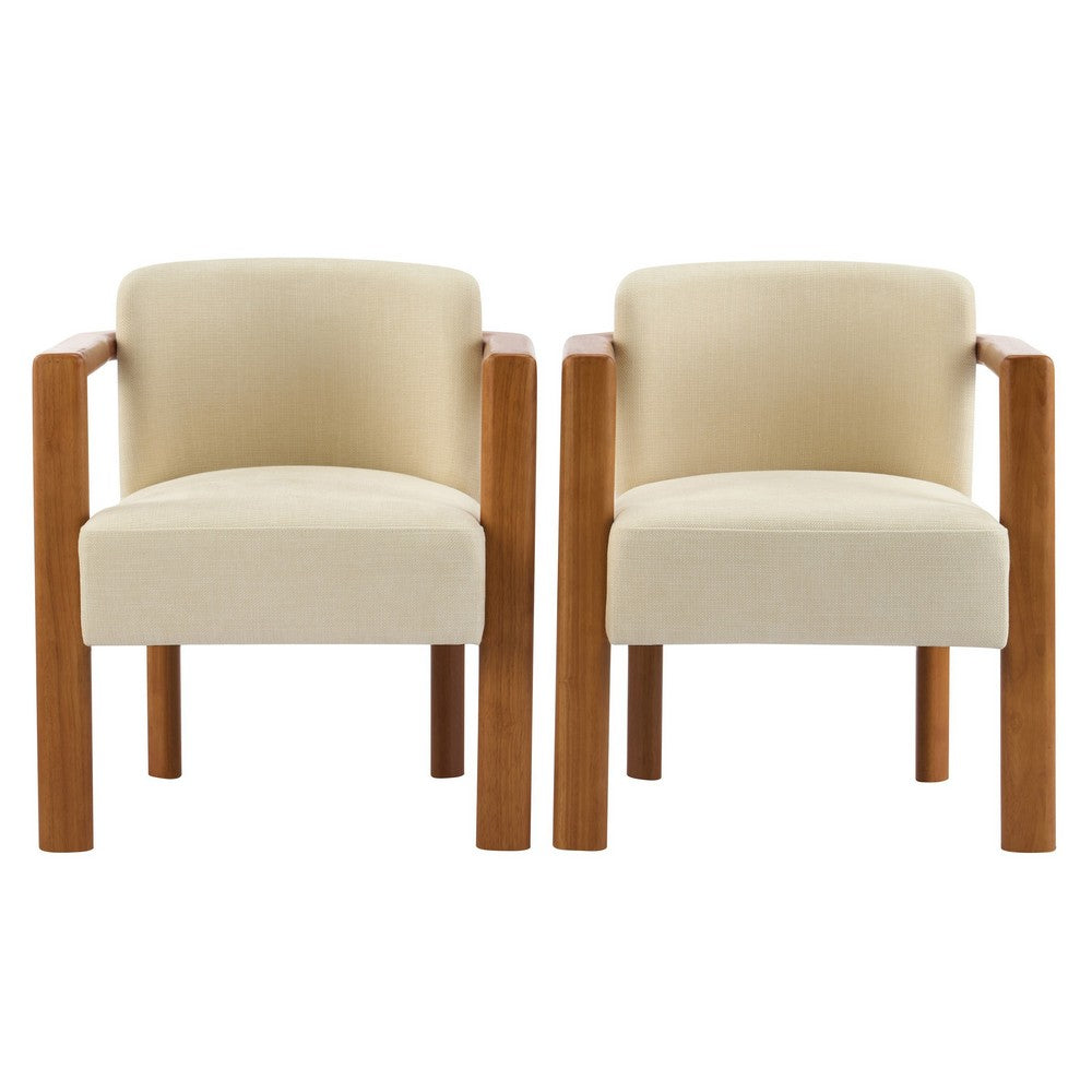 Benjara Dining Armchair Set of 2, Curved Back, Beige Upholstered Cushioned Seat
