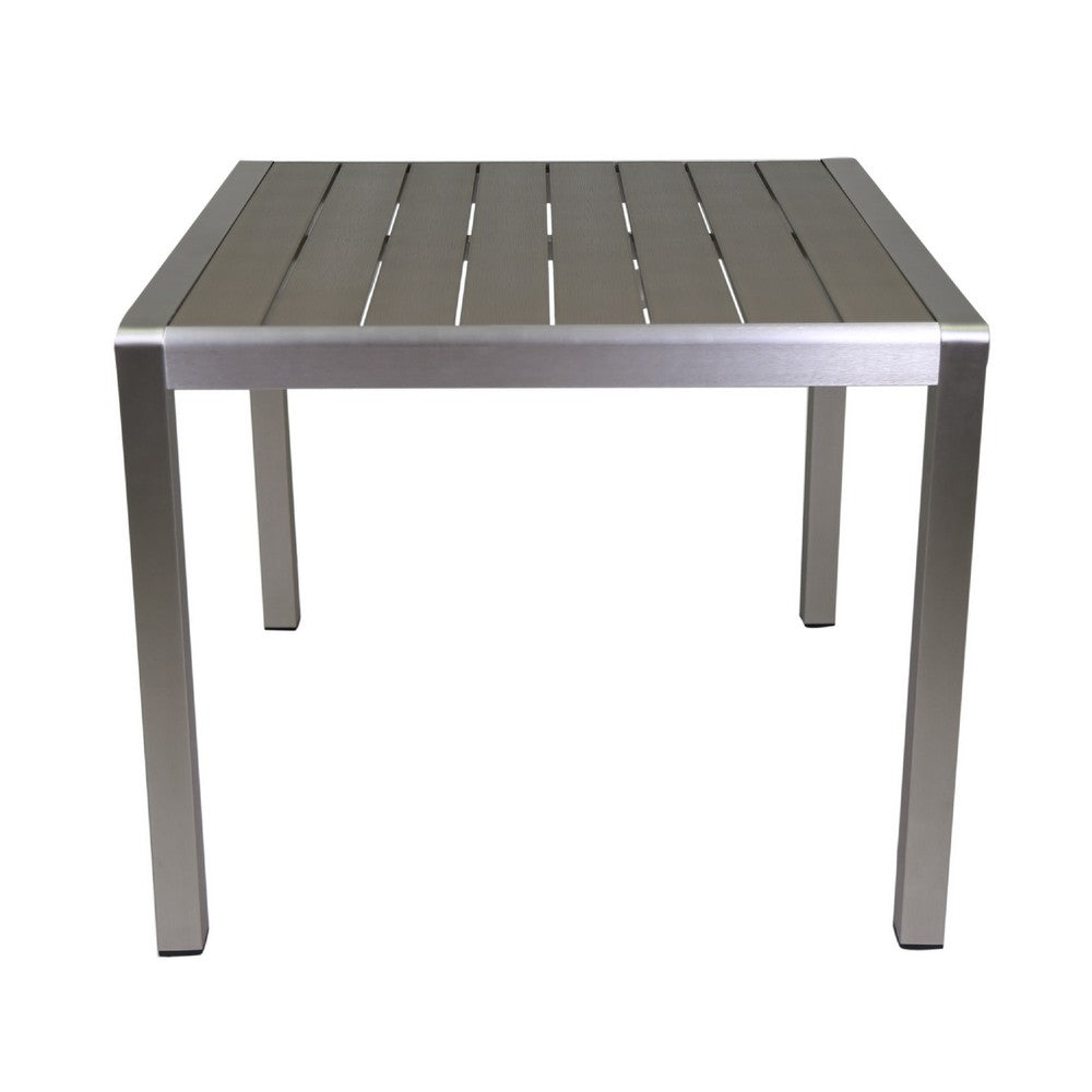 Benjara Outdoor Dining Table, Slatted Square Faux Wood Top, Silver Aluminum 35 Inch