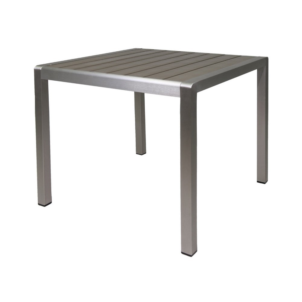 Benjara Outdoor Dining Table, Slatted Square Faux Wood Top, Silver Aluminum 35 Inch