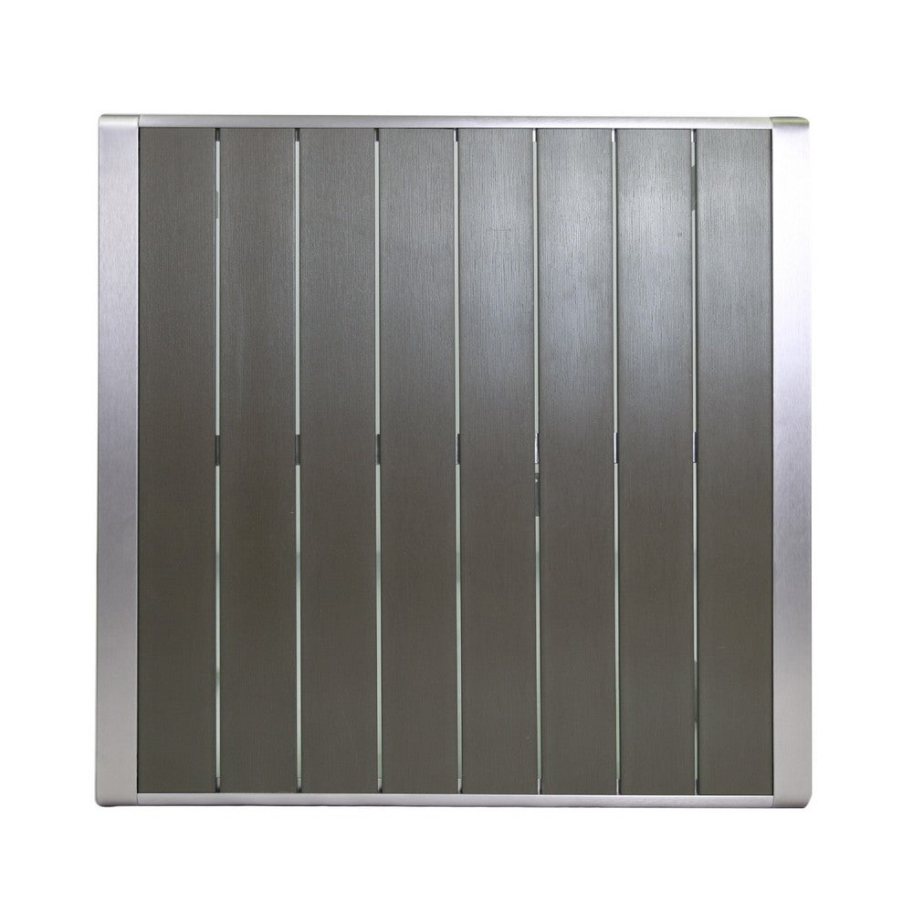 Benjara Outdoor Dining Table, Slatted Square Faux Wood Top, Silver Aluminum 35 Inch