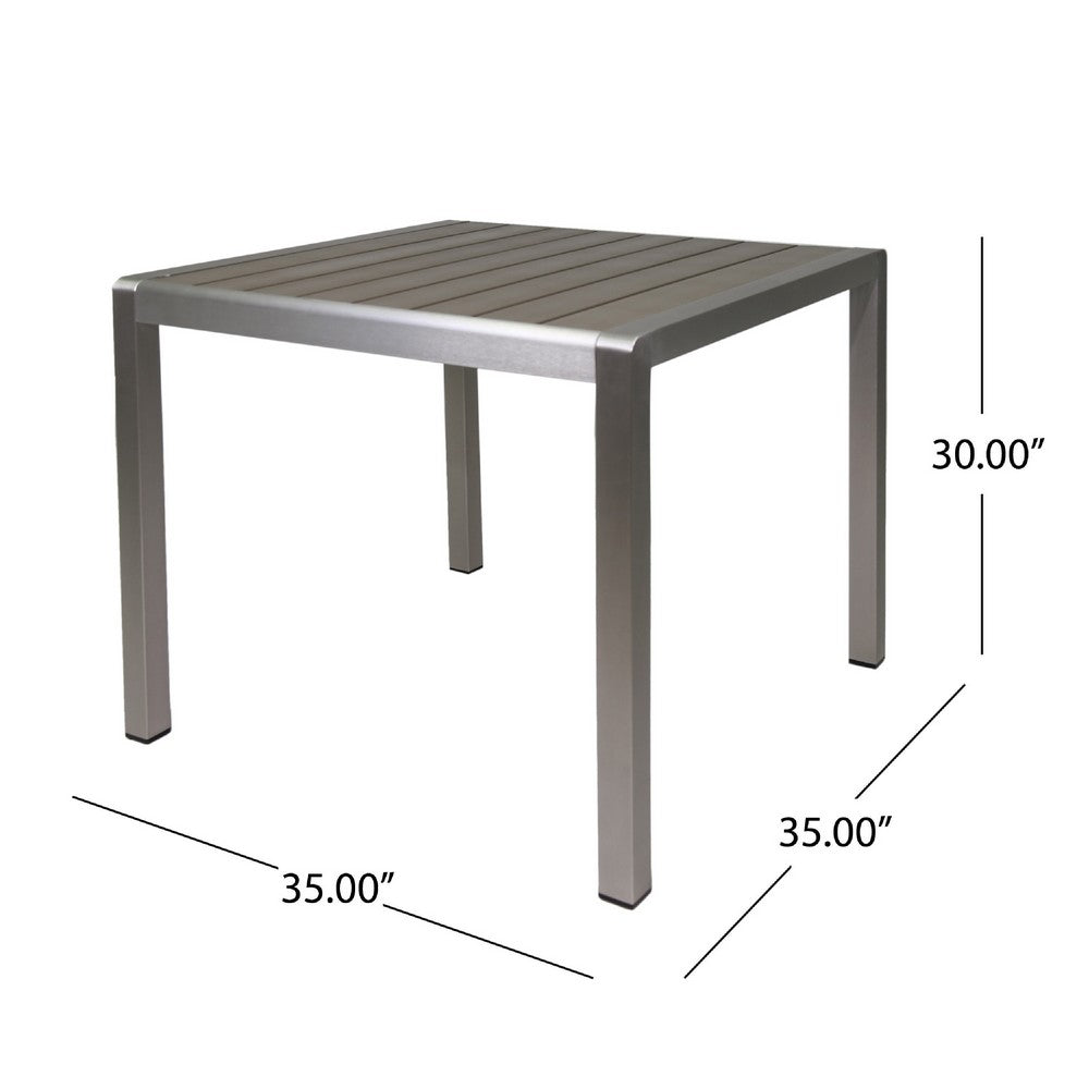 Benjara Outdoor Dining Table, Slatted Square Faux Wood Top, Silver Aluminum 35 Inch