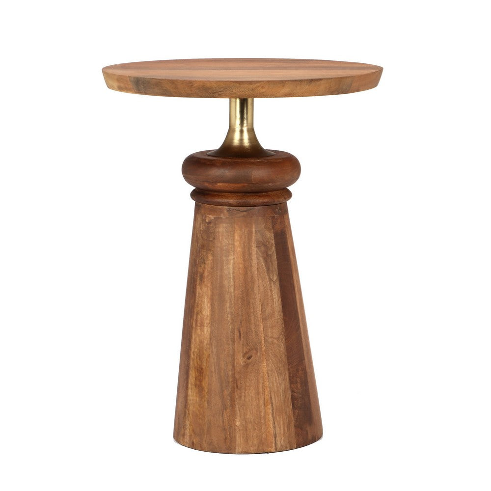 Benjara Side End Table, 17 Inch Round Top, Pedestal with Gold Accent, Brown