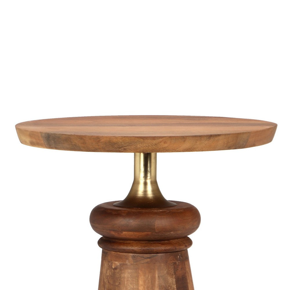 Benjara Side End Table, 17 Inch Round Top, Pedestal with Gold Accent, Brown