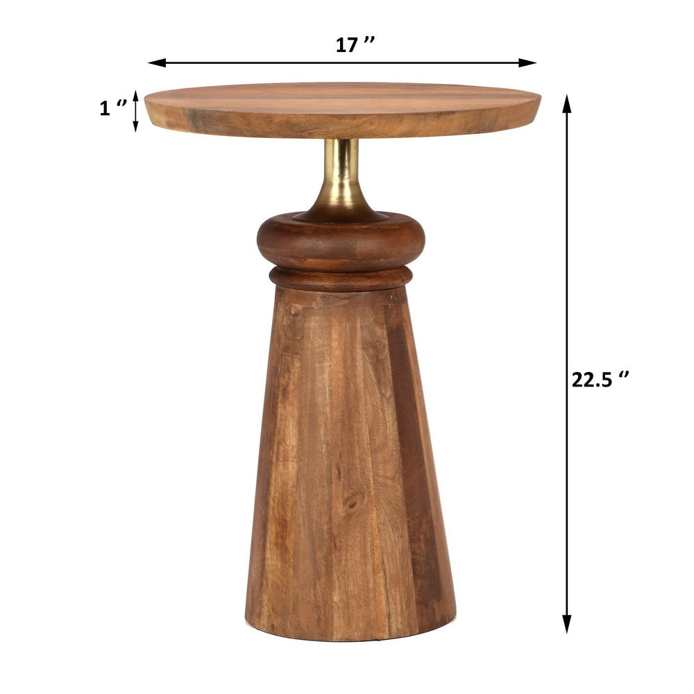 Benjara Side End Table, 17 Inch Round Top, Pedestal with Gold Accent, Brown