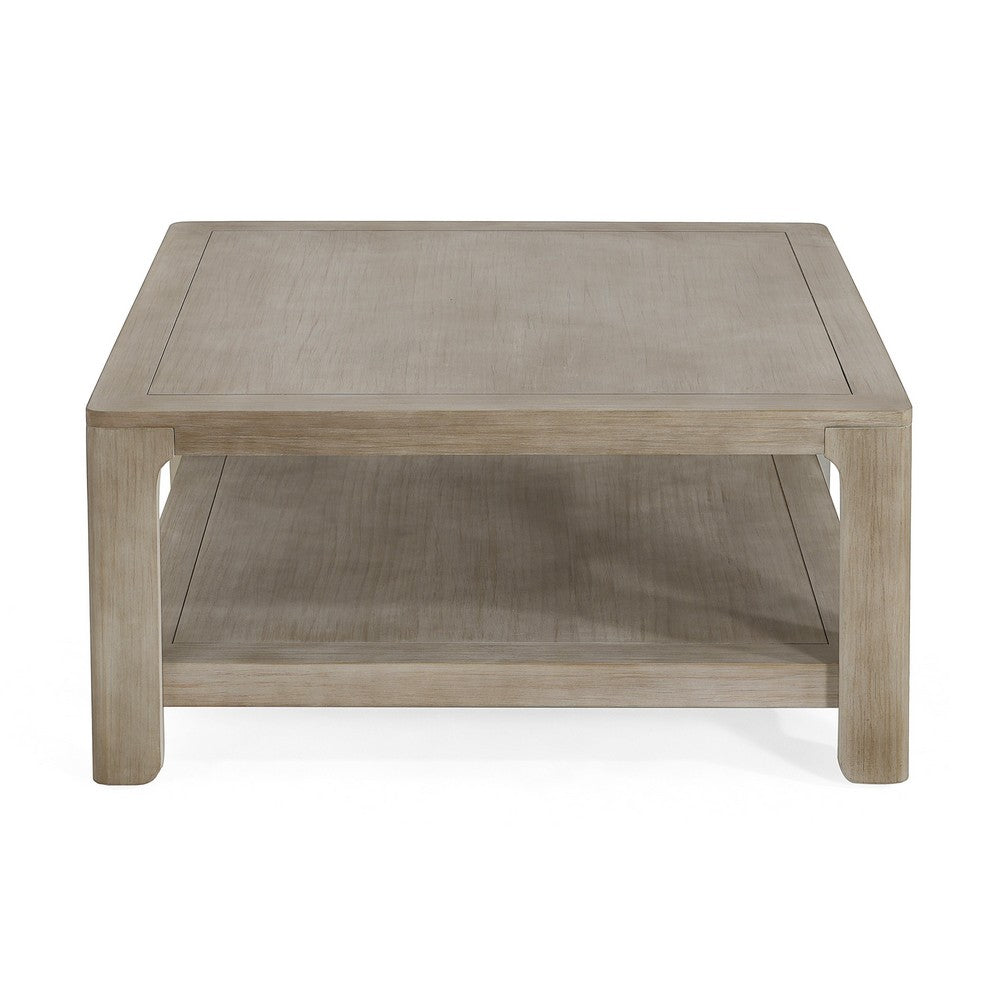 Benjara Coffee Table w Shelf, 34 Inch Square, Light Gray Ash Wood, Modern Style