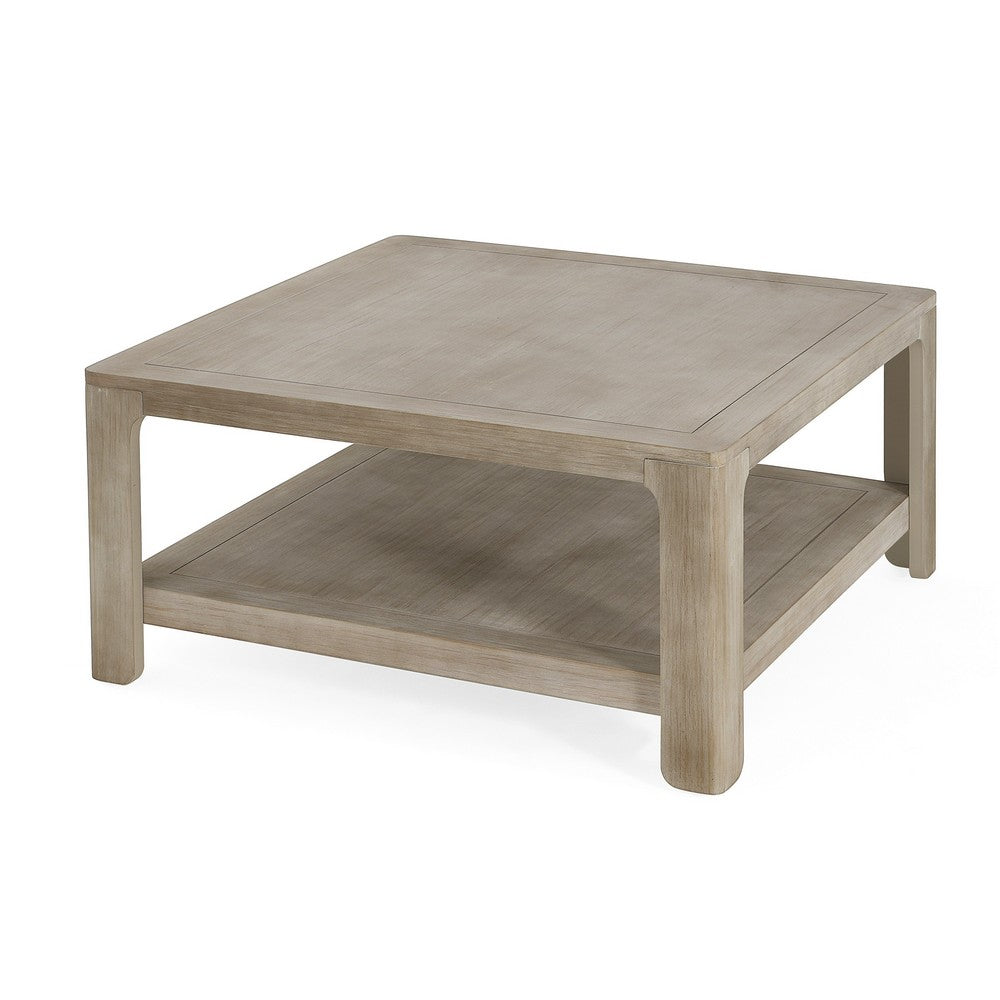 Benjara Coffee Table w Shelf, 34 Inch Square, Light Gray Ash Wood, Modern Style