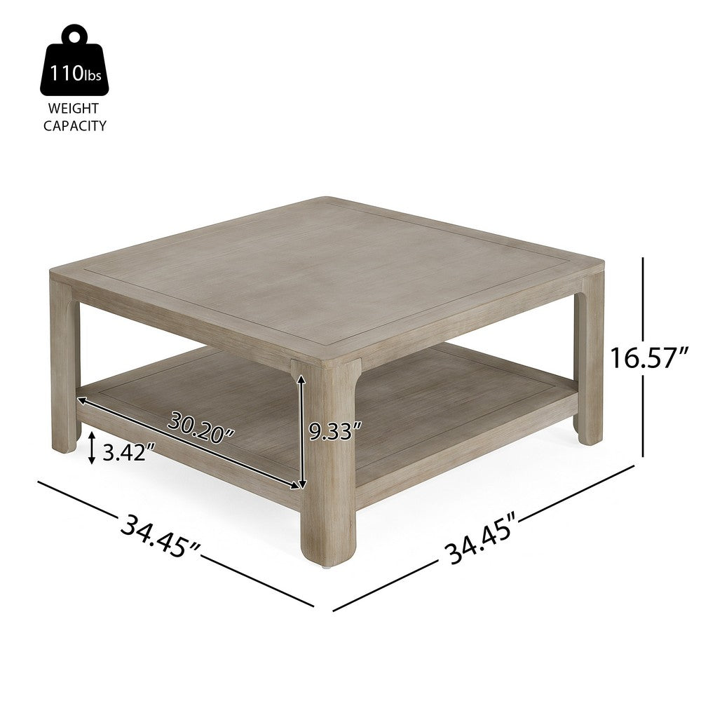 Benjara Coffee Table w Shelf, 34 Inch Square, Light Gray Ash Wood, Modern Style