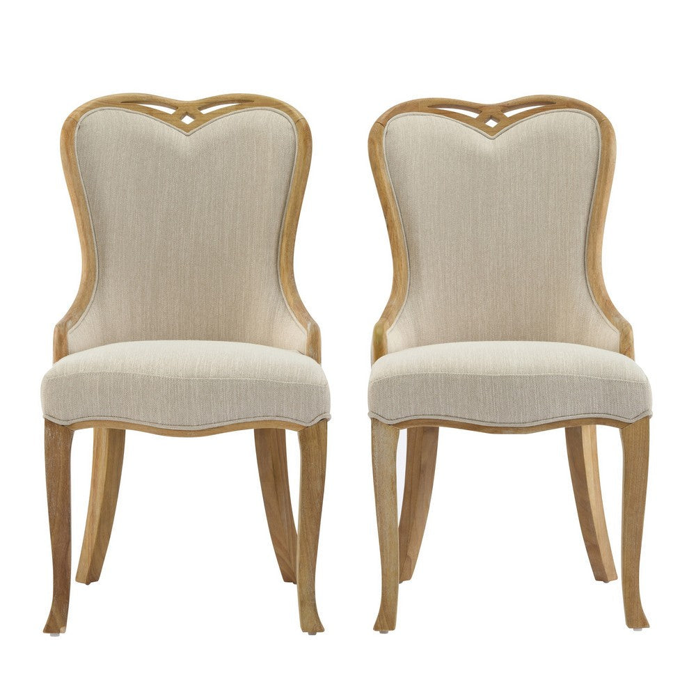 Benjara Dining Side Chair Set of 2, Brown Heart-Shaped Wingback, Beige Fabric