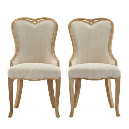 Benjara Dining Side Chair Set of 2, Brown Heart-Shaped Wingback, Beige Fabric