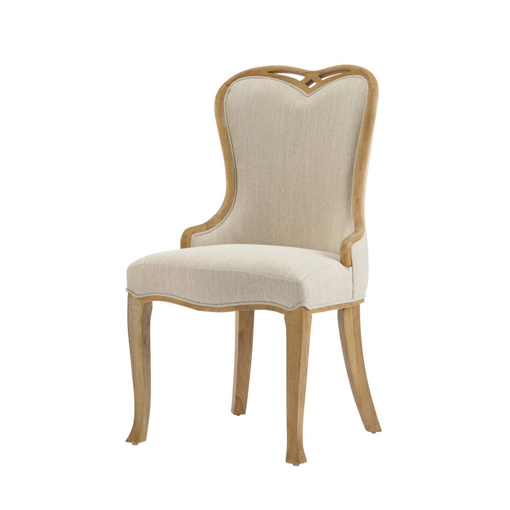 Benjara Dining Side Chair Set of 2, Brown Heart-Shaped Wingback, Beige Fabric