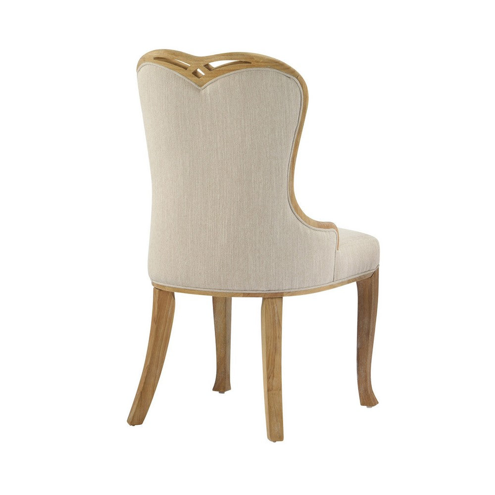 Benjara Dining Side Chair Set of 2, Brown Heart-Shaped Wingback, Beige Fabric