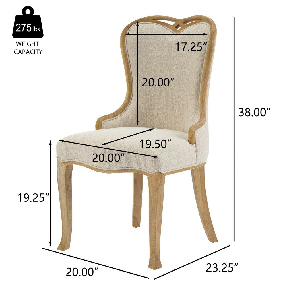 Benjara Dining Side Chair Set of 2, Brown Heart-Shaped Wingback, Beige Fabric