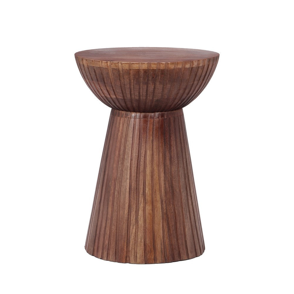 Benjara Kora Side End Table, 15 Inch Round Drum Shape Ribbed Cone Pedestal, Brown
