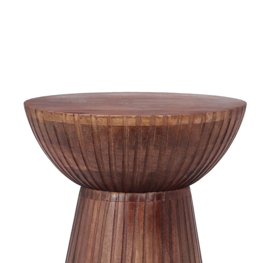 Benjara Kora Side End Table, 15 Inch Round Drum Shape Ribbed Cone Pedestal, Brown