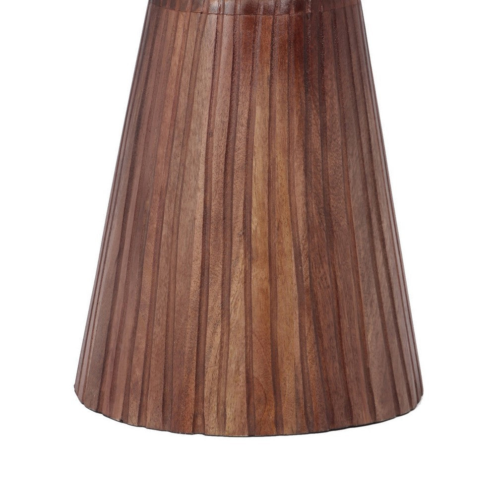 Benjara Kora Side End Table, 15 Inch Round Drum Shape Ribbed Cone Pedestal, Brown