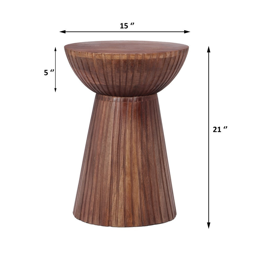 Benjara Kora Side End Table, 15 Inch Round Drum Shape Ribbed Cone Pedestal, Brown