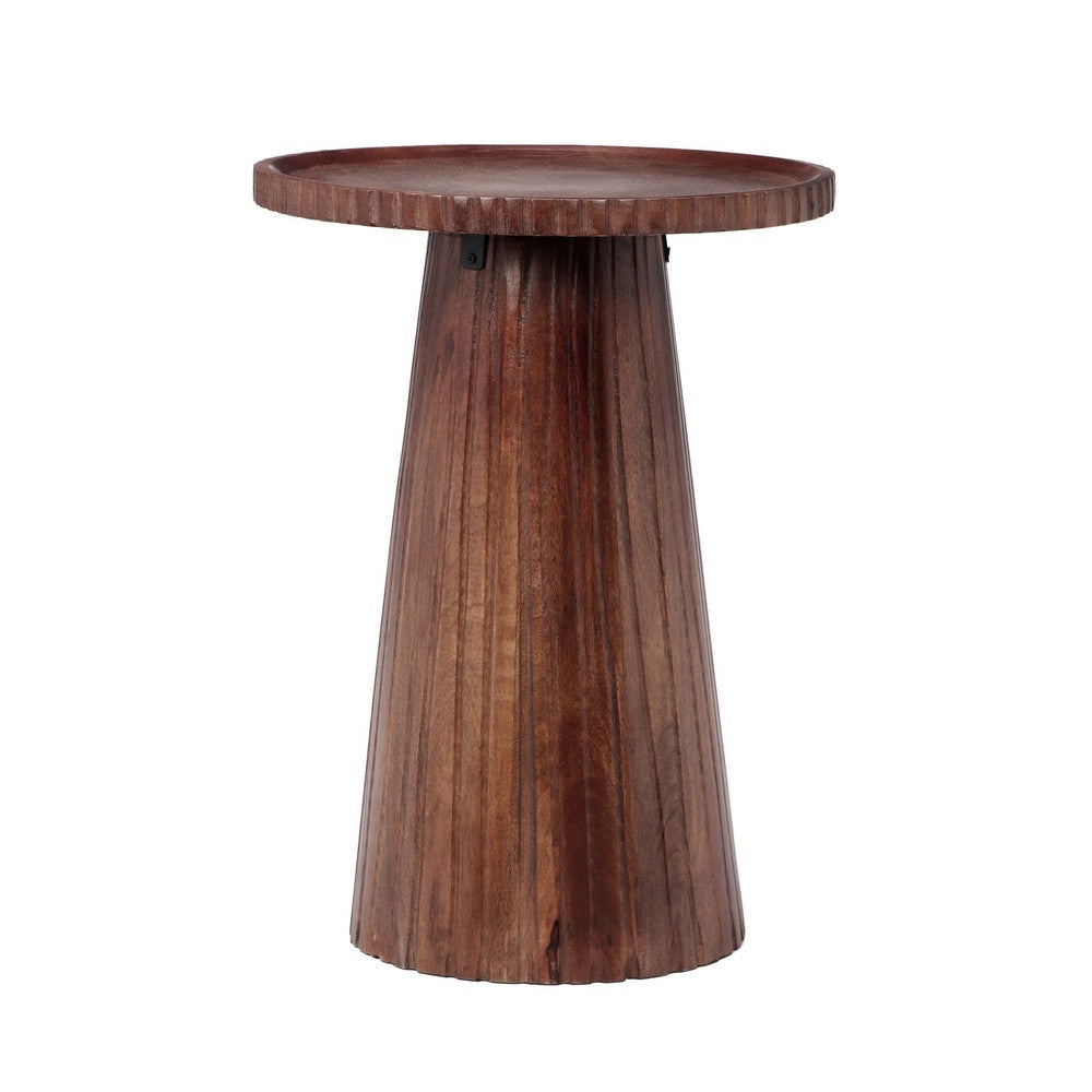 Benjara Kora Side End Table, 16 Inch Round Top, Ribbed Cone Pedestal, Brown