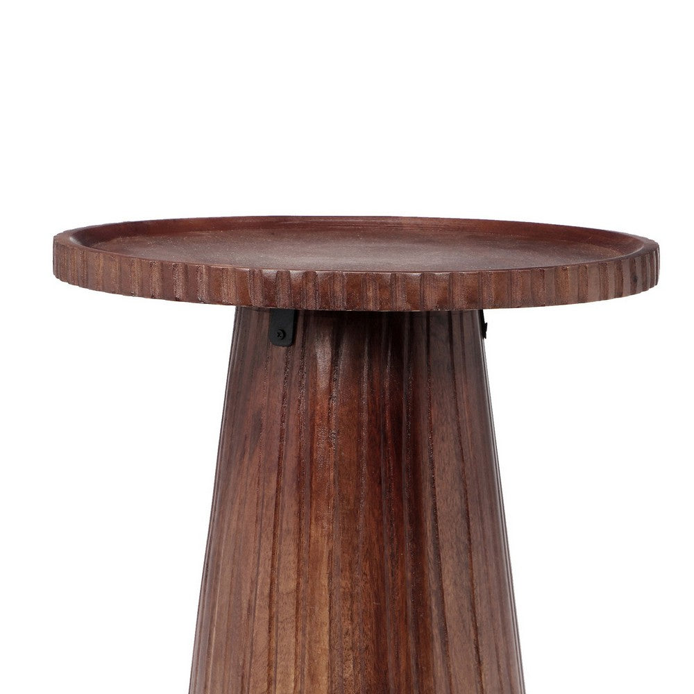 Benjara Kora Side End Table, 16 Inch Round Top, Ribbed Cone Pedestal, Brown
