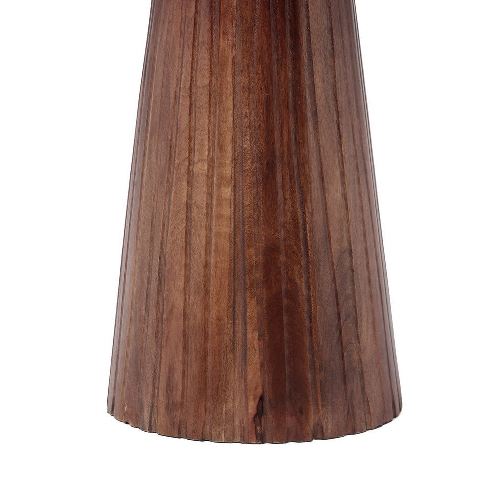 Benjara Kora Side End Table, 16 Inch Round Top, Ribbed Cone Pedestal, Brown