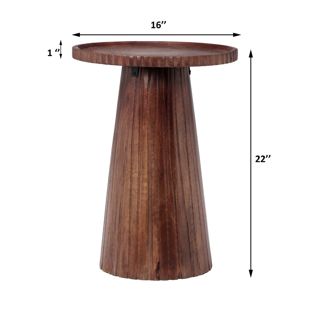 Benjara Kora Side End Table, 16 Inch Round Top, Ribbed Cone Pedestal, Brown