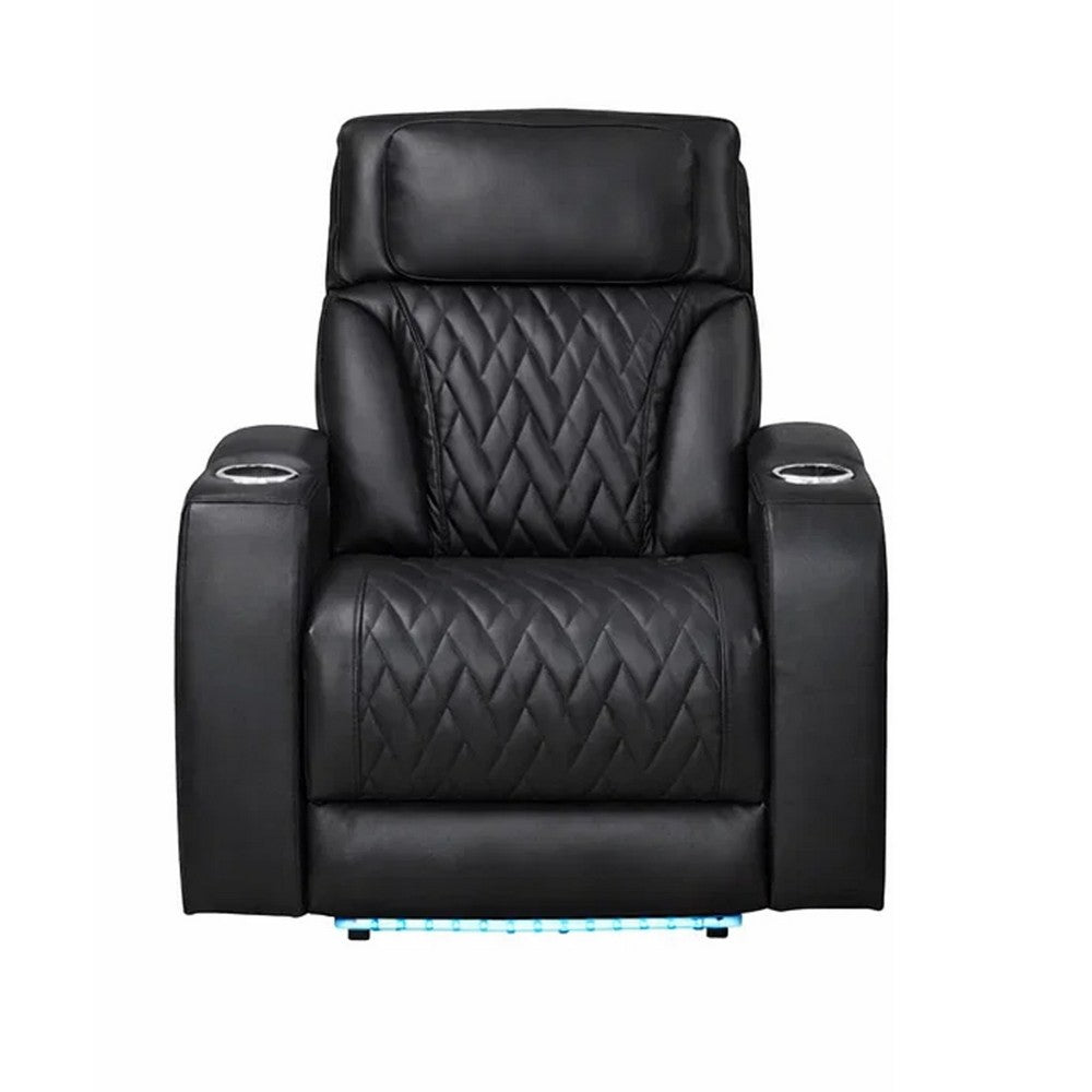 Benjara Jasi Power Reclining Chair with LED, Storage, USB Ports, Black Leather Aire