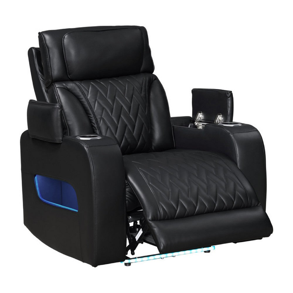 Benjara Jasi Power Reclining Chair with LED, Storage, USB Ports, Black Leather Aire