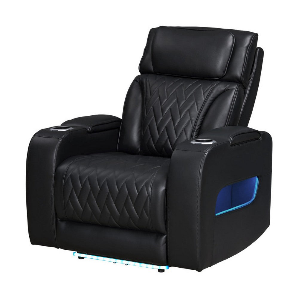 Benjara Jasi Power Reclining Chair with LED, Storage, USB Ports, Black Leather Aire