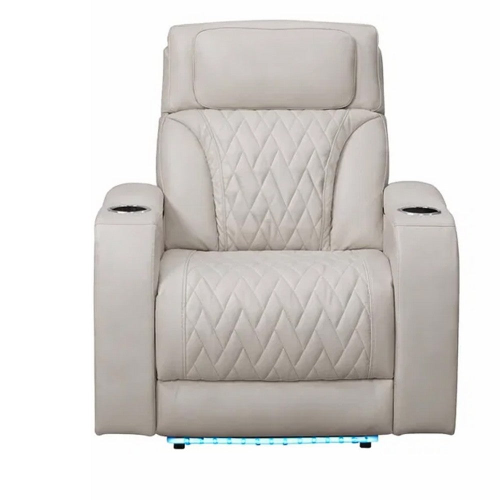 Benjara Jasi Power Reclining Chair with LED, Storage, USB Ports, Gray Leather Aire