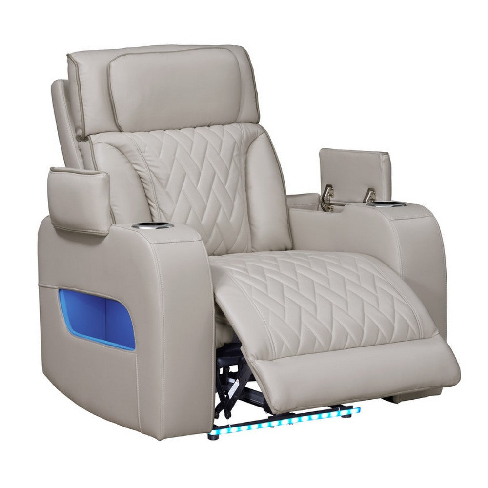 Benjara Jasi Power Reclining Chair with LED, Storage, USB Ports, Gray Leather Aire