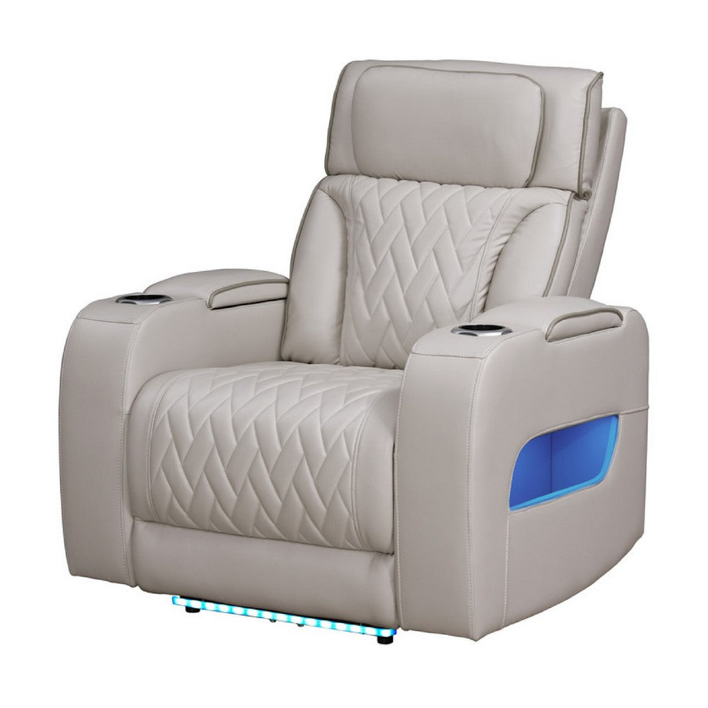 Benjara Jasi Power Reclining Chair with LED, Storage, USB Ports, Gray Leather Aire