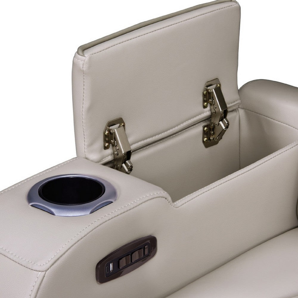 Benjara Jasi Power Reclining Chair with LED, Storage, USB Ports, Gray Leather Aire