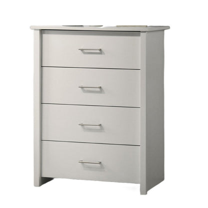 Benjara Kele Tall Dresser Chest, 4 Drawers with Silver Handles, White Faux Laminate