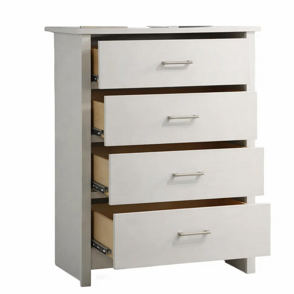 Benjara Kele Tall Dresser Chest, 4 Drawers with Silver Handles, White Faux Laminate