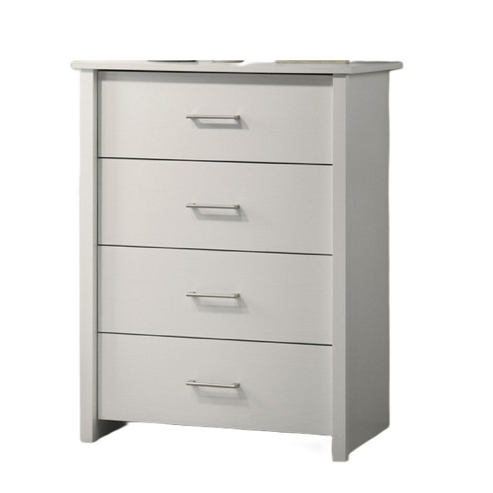 Benjara Kele Tall Dresser Chest, 4 Drawers with Silver Handles, White Faux Laminate