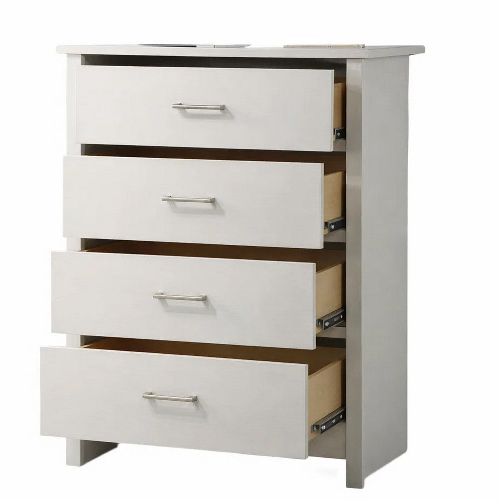 Benjara Kele Tall Dresser Chest, 4 Drawers with Silver Handles, White Faux Laminate