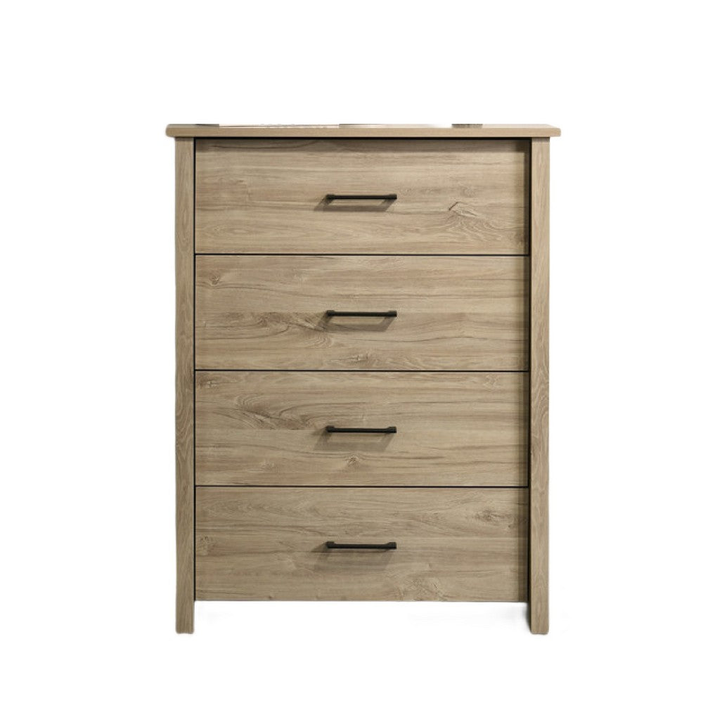 Benjara Kele Tall 4 Drawer Dresser Chest, Black Handles, Light Oak Brown Wood