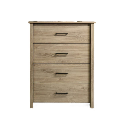 Benjara Kele Tall 4 Drawer Dresser Chest, Black Handles, Light Oak Brown Wood