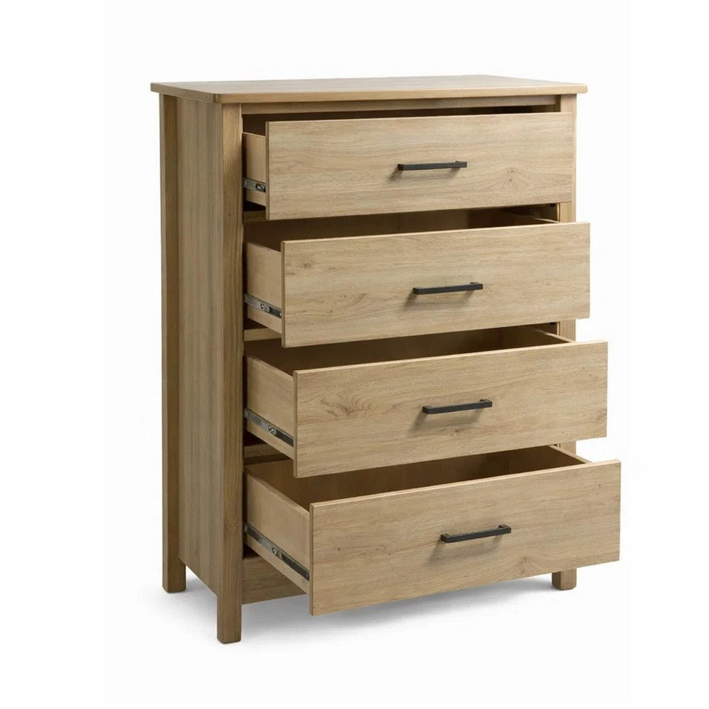 Benjara Kele Tall 4 Drawer Dresser Chest, Black Handles, Light Oak Brown Wood