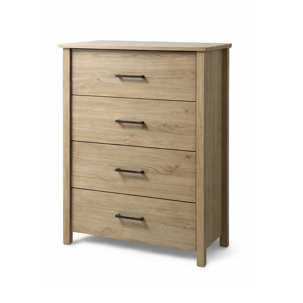 Benjara Kele Tall 4 Drawer Dresser Chest, Black Handles, Light Oak Brown Wood