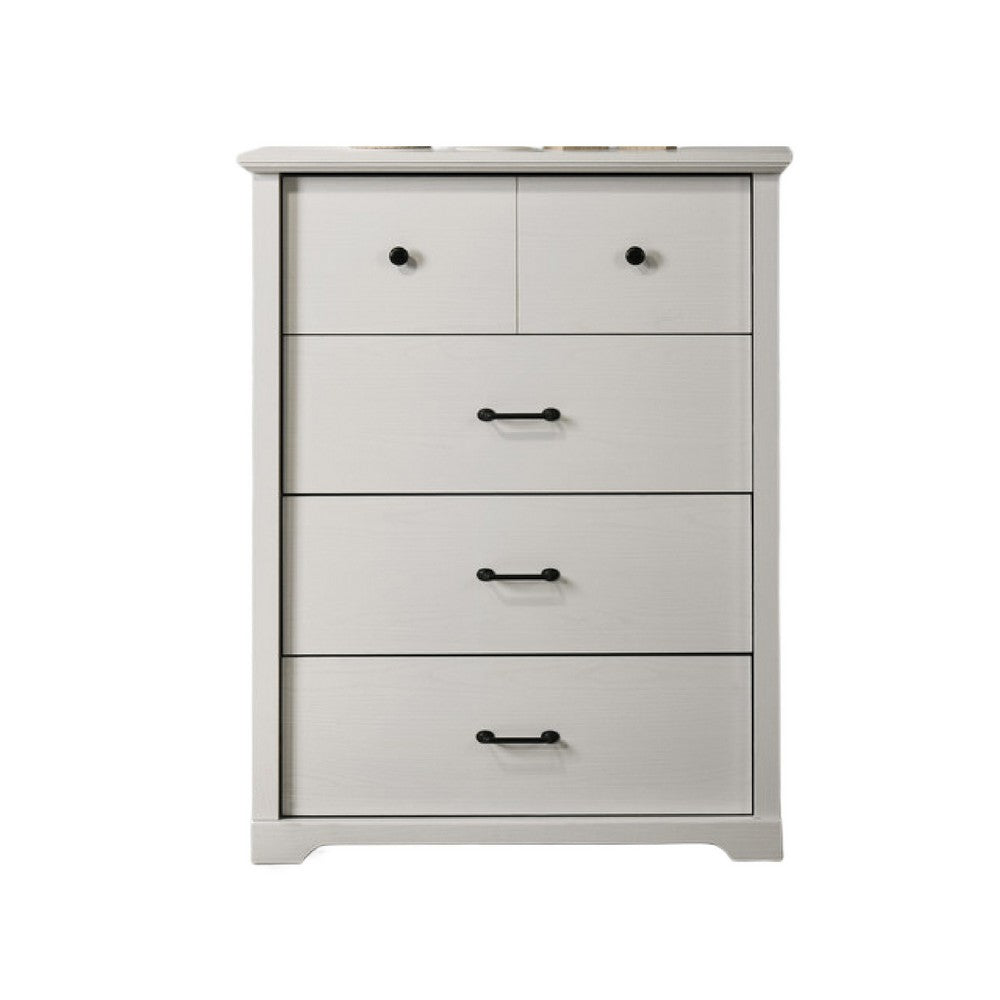 Benjara Lara 4 Drawer Tall Dresser Chest, Black Handles, White Faux Laminate