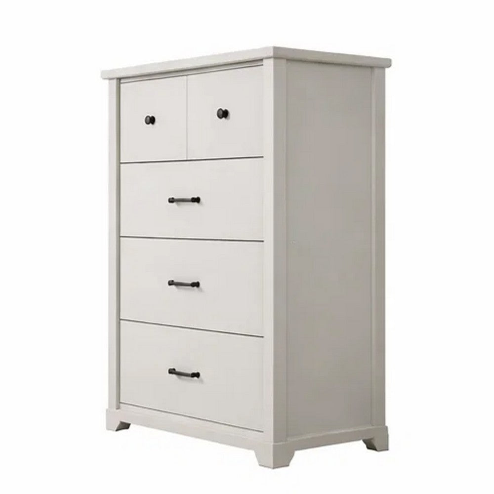 Benjara Lara 4 Drawer Tall Dresser Chest, Black Handles, White Faux Laminate